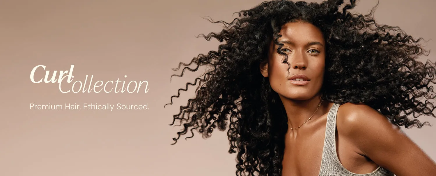 Official Remi Cachet Curl Collection campaign showing a model with long dark curls against a warm beige background.