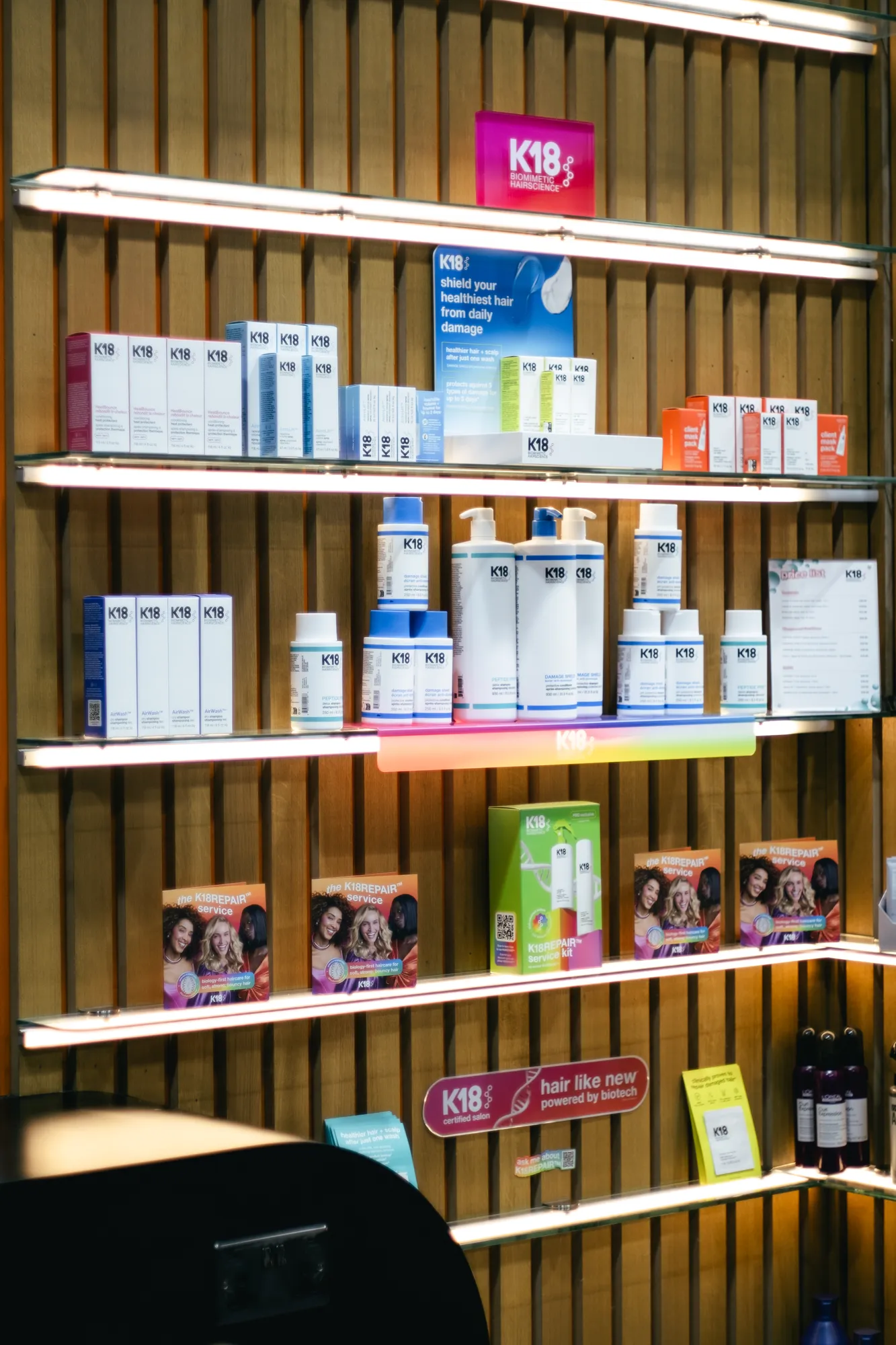 Salon retail products on display at Wigs & Warpaint, Sheffield