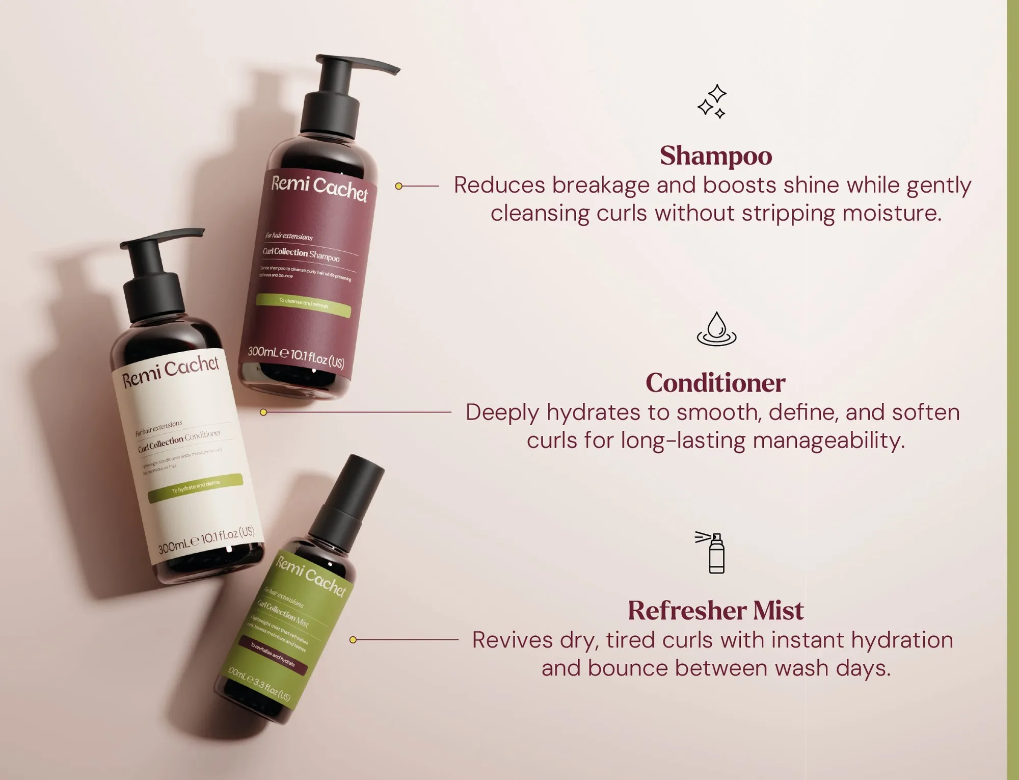 Official Remi Cachet product image of Curl Collection Shampoo, Conditioner and Curl Refresher Mist.