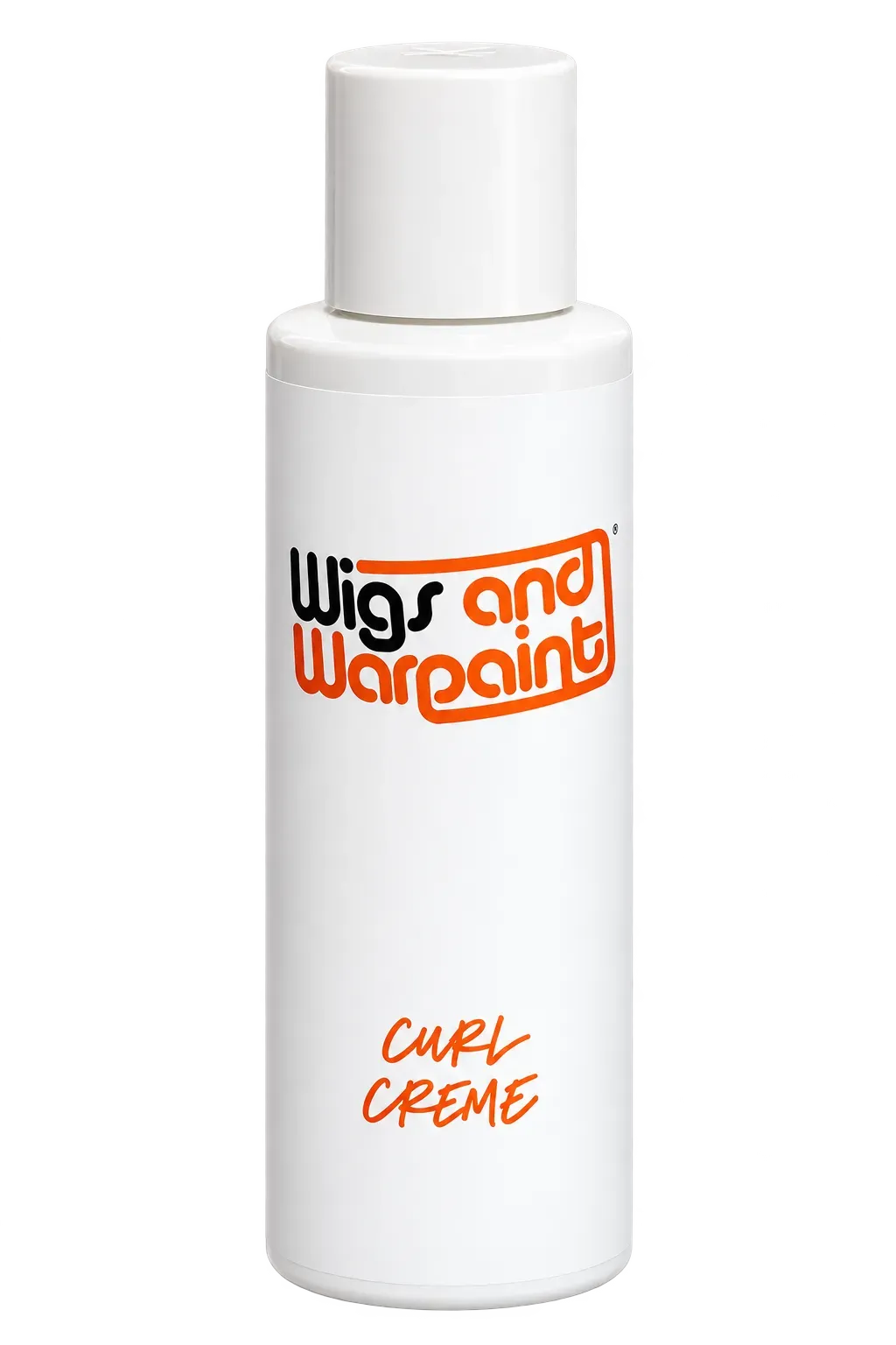 Wigs & Warpaint Curl Creme in a white bottle with orange and black branding.