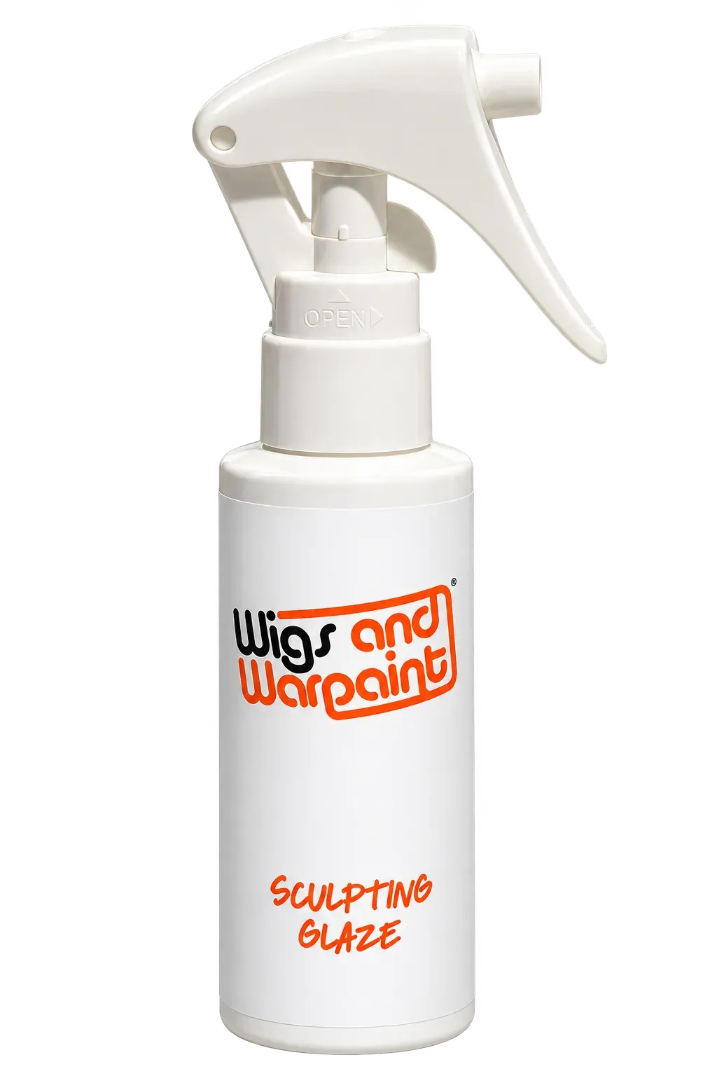 Wigs & Warpaint Sculpting Glaze in a white spray bottle with orange and black branding.